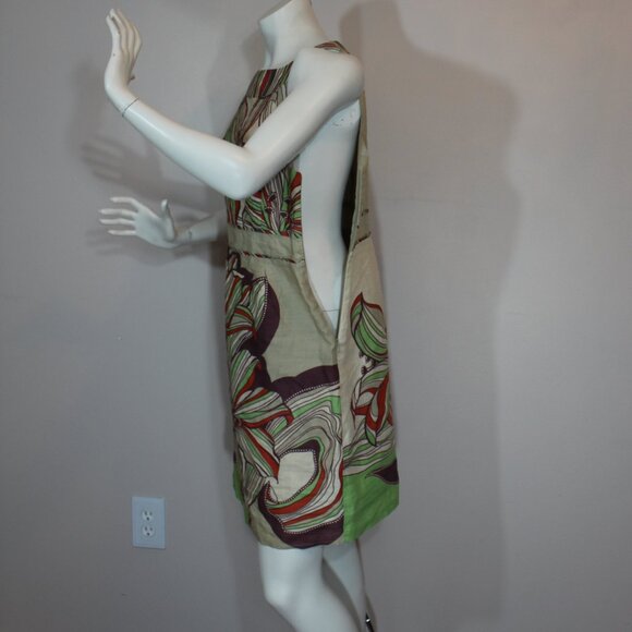 Rene Derhy beige   floral linen blend lined sleeveless side zip dress size Large - Picture 3 of 8